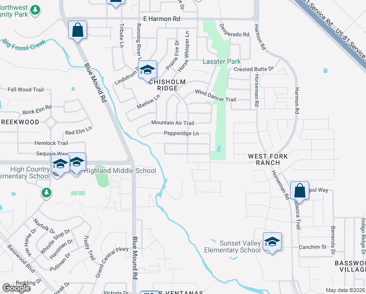 map of restaurants, bars, coffee shops, grocery stores, and more near 1349 Missionary Ridge Trail in Fort Worth