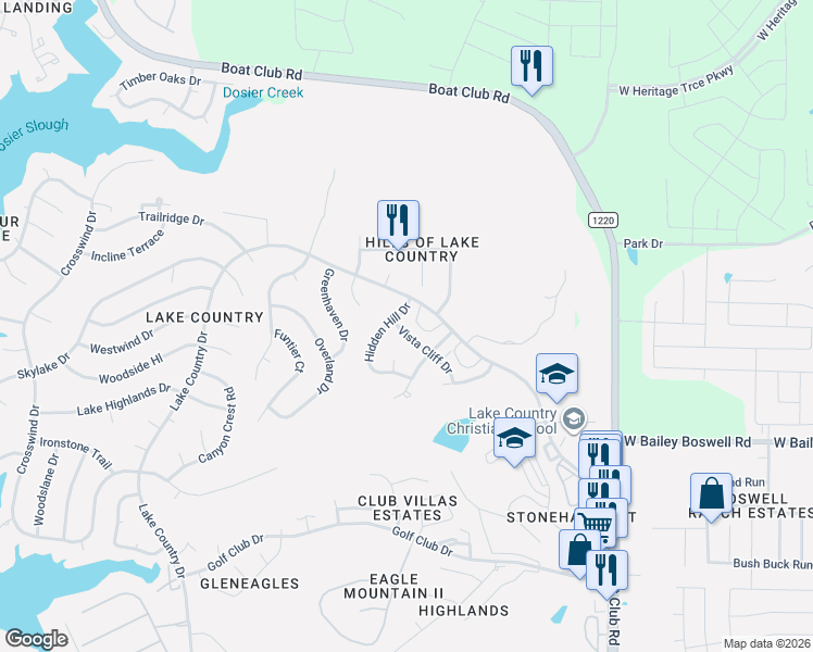 map of restaurants, bars, coffee shops, grocery stores, and more near 7310 Vista Cliff Drive in Fort Worth