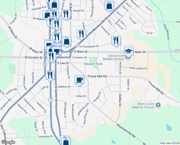 map of restaurants, bars, coffee shops, grocery stores, and more near 111 Triune Mill Road in Thomaston