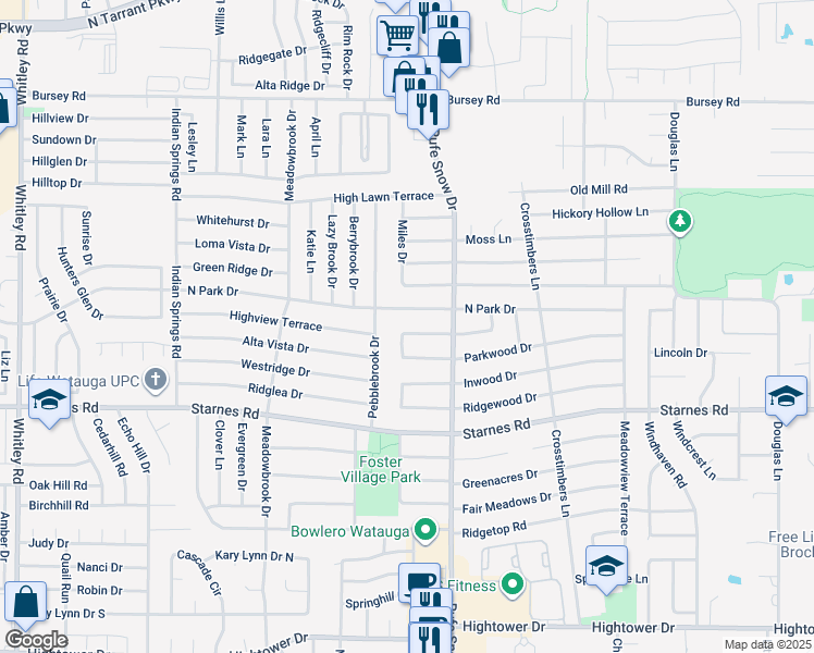 map of restaurants, bars, coffee shops, grocery stores, and more near 6625 Fair Oaks Drive in Watauga