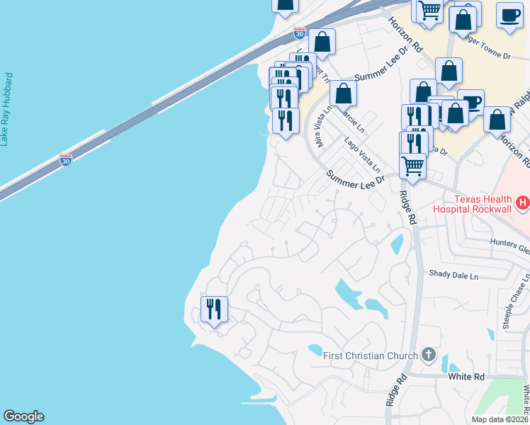 map of restaurants, bars, coffee shops, grocery stores, and more near 1802 Signal Ridge Place in Rockwall