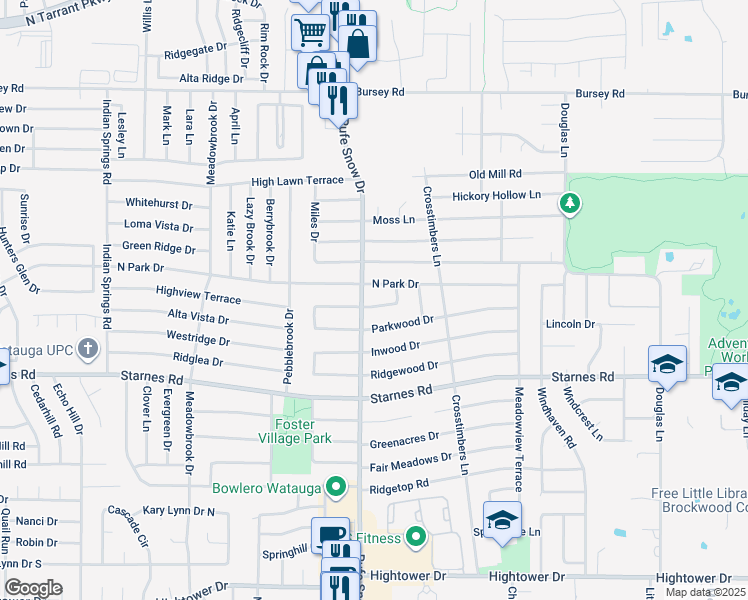 map of restaurants, bars, coffee shops, grocery stores, and more near 6700 Fair Oaks Drive in Fort Worth