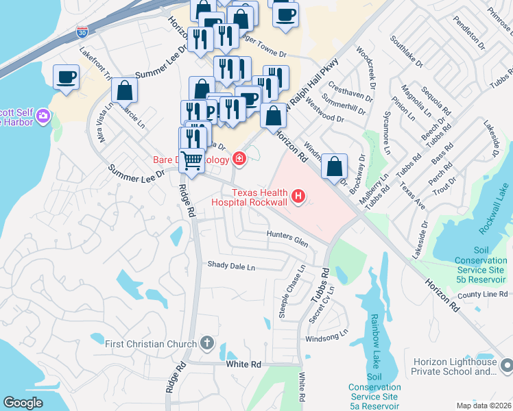 map of restaurants, bars, coffee shops, grocery stores, and more near 1172 Skylar Drive in Rockwall