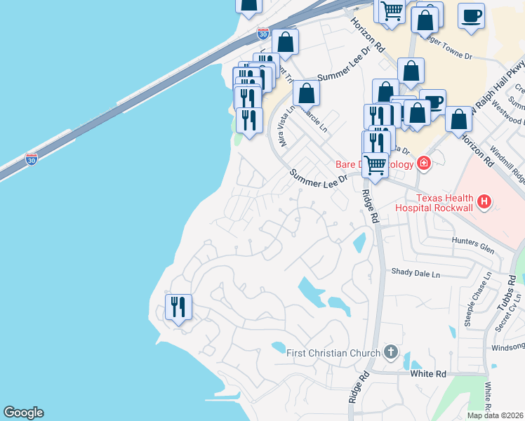 map of restaurants, bars, coffee shops, grocery stores, and more near 110 Mischief Lane in Rockwall