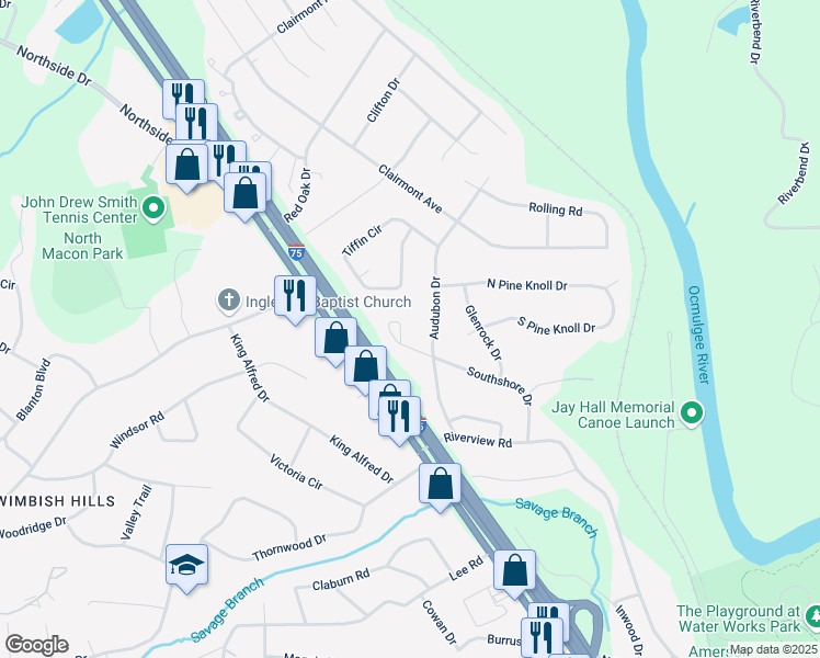 map of restaurants, bars, coffee shops, grocery stores, and more near 2940 Southshore Court in Macon