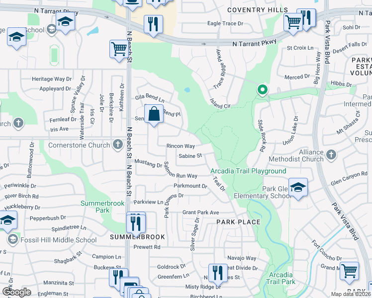 map of restaurants, bars, coffee shops, grocery stores, and more near 4716 Rincon Way in Fort Worth