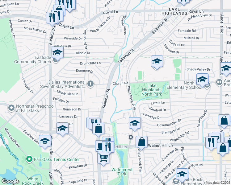 map of restaurants, bars, coffee shops, grocery stores, and more near 9236 Church Road in Dallas