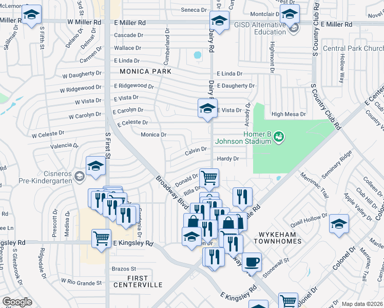 map of restaurants, bars, coffee shops, grocery stores, and more near 702 Calvin Drive in Garland