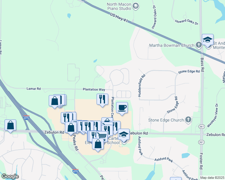 map of restaurants, bars, coffee shops, grocery stores, and more near 5953 Plantation Centre Drive North in Macon