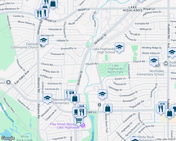 map of restaurants, bars, coffee shops, grocery stores, and more near 16 Merriwood Drive in Dallas