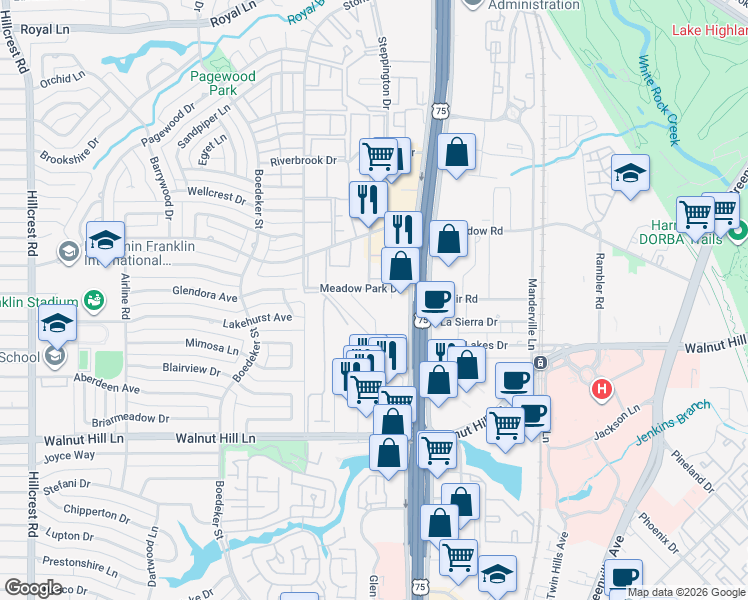 map of restaurants, bars, coffee shops, grocery stores, and more near 10031 Regal Park Lane in Dallas