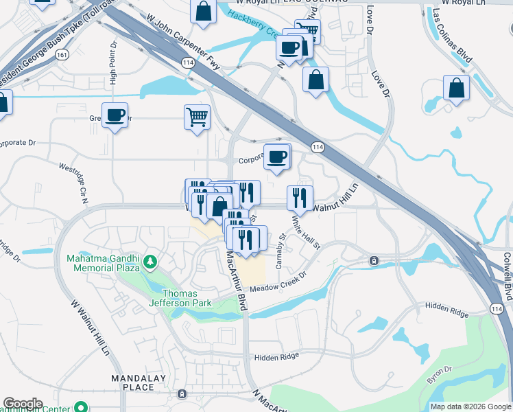 map of restaurants, bars, coffee shops, grocery stores, and more near 1000 West Walnut Hill Lane in Irving