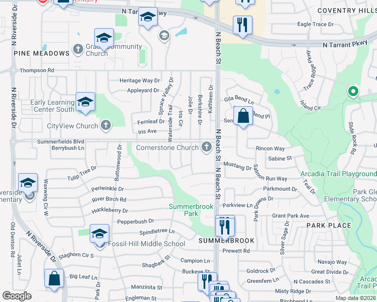 map of restaurants, bars, coffee shops, grocery stores, and more near 7916 Firefly Drive in Fort Worth