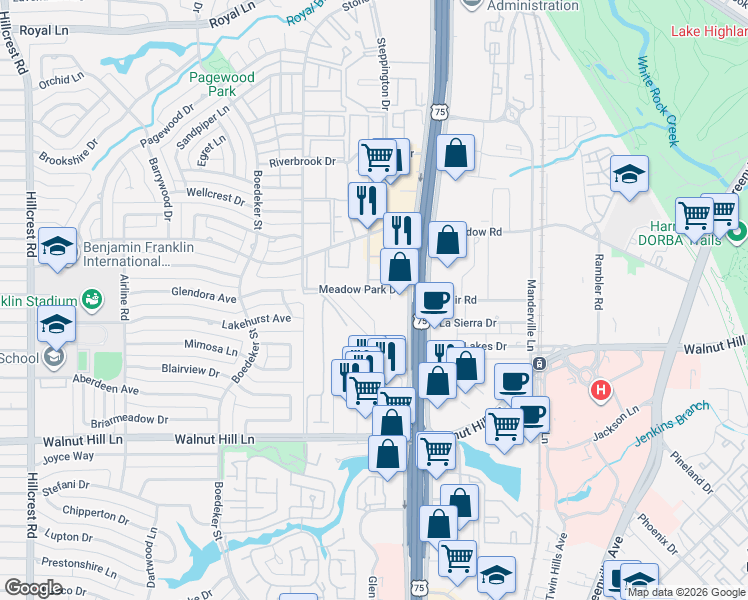 map of restaurants, bars, coffee shops, grocery stores, and more near 10031 Regal Park Lane in Dallas