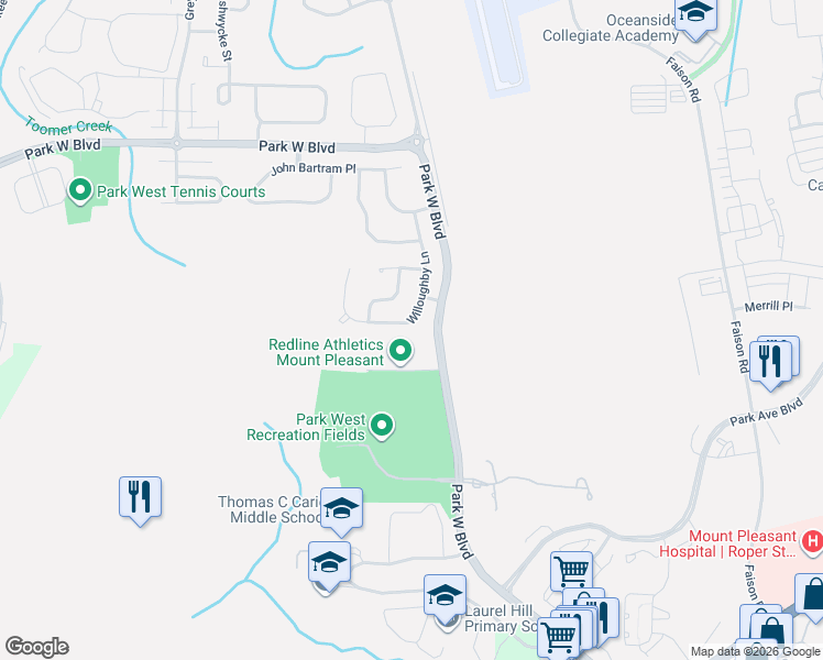 map of restaurants, bars, coffee shops, grocery stores, and more near 1144 Willoughby Lane in Mount Pleasant