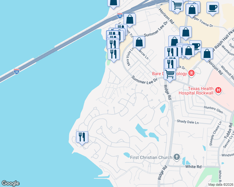 map of restaurants, bars, coffee shops, grocery stores, and more near 110 Mischief Lane in Rockwall