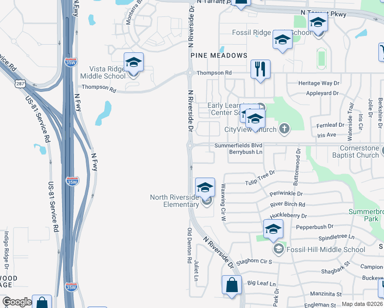 map of restaurants, bars, coffee shops, grocery stores, and more near 11400 North Riverside Drive in Fort Worth