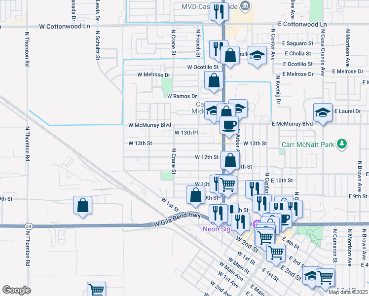 map of restaurants, bars, coffee shops, grocery stores, and more near 510 West 12th Street in Casa Grande
