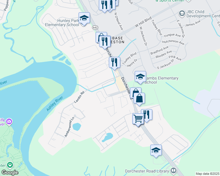 map of restaurants, bars, coffee shops, grocery stores, and more near 4747 Lambs Road in North Charleston