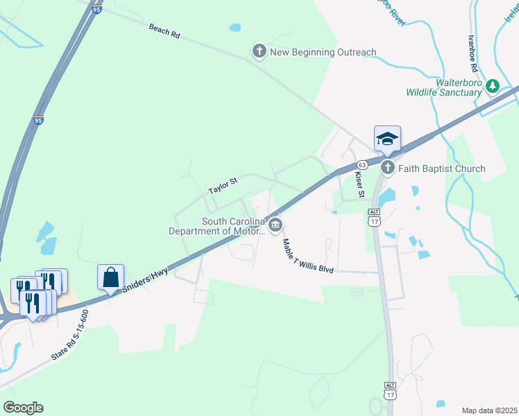 map of restaurants, bars, coffee shops, grocery stores, and more near 593 Sniders Highway in Walterboro