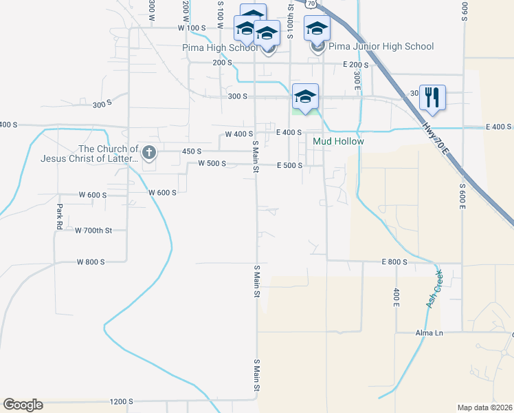 map of restaurants, bars, coffee shops, grocery stores, and more near South Main Street in Pima