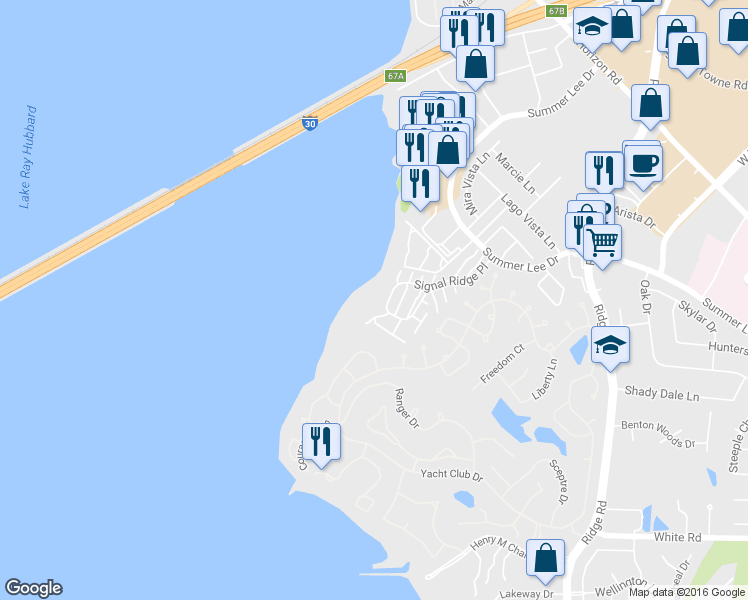 map of restaurants, bars, coffee shops, grocery stores, and more near 1802 Signal Ridge Place in Rockwall