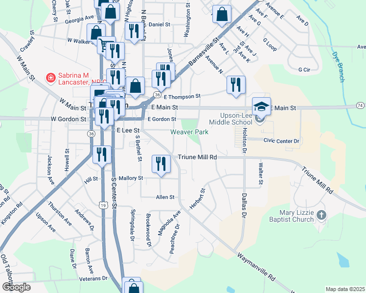 map of restaurants, bars, coffee shops, grocery stores, and more near 111 Triune Mill Road in Thomaston