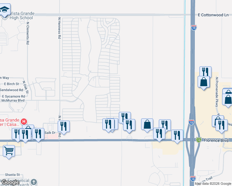 map of restaurants, bars, coffee shops, grocery stores, and more near East Lantana Drive in Casa Grande