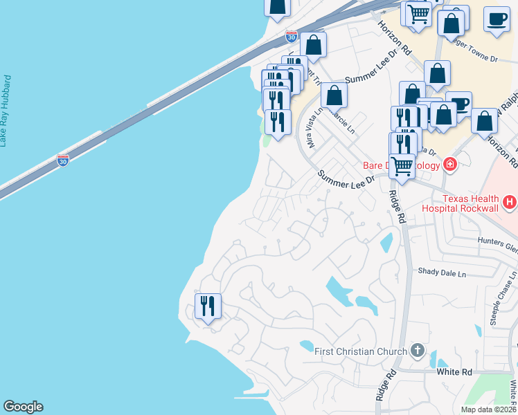 map of restaurants, bars, coffee shops, grocery stores, and more near 1101 Signal Ridge Place in Rockwall