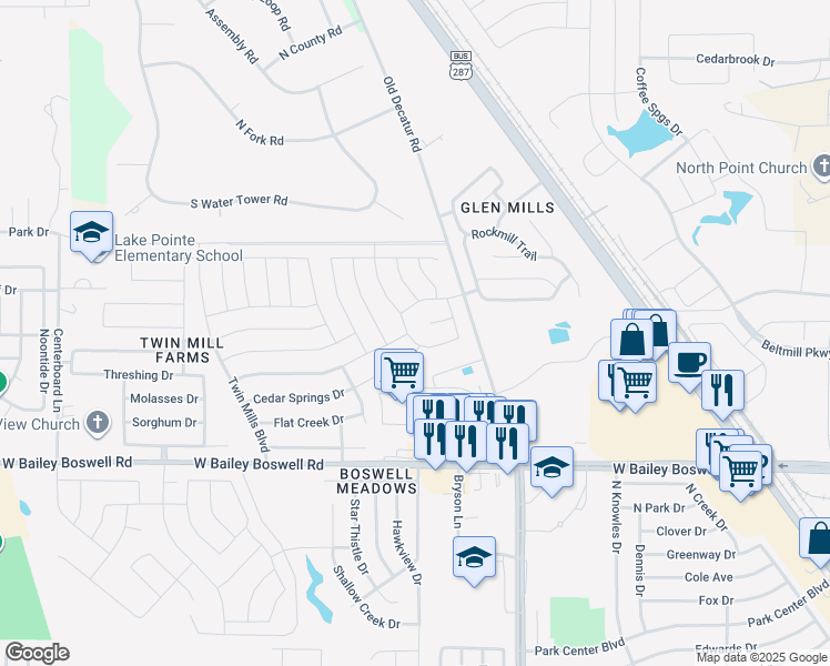 map of restaurants, bars, coffee shops, grocery stores, and more near 8912 Highland Orchard Drive in Fort Worth