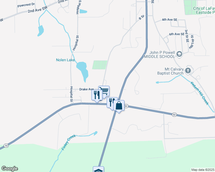 map of restaurants, bars, coffee shops, grocery stores, and more near 720 B Street in La Fayette