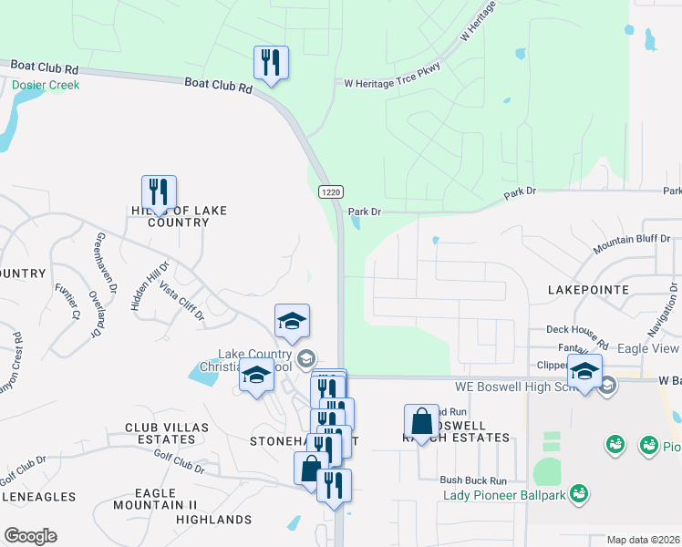 map of restaurants, bars, coffee shops, grocery stores, and more near 8828 Boat Club Road in Fort Worth