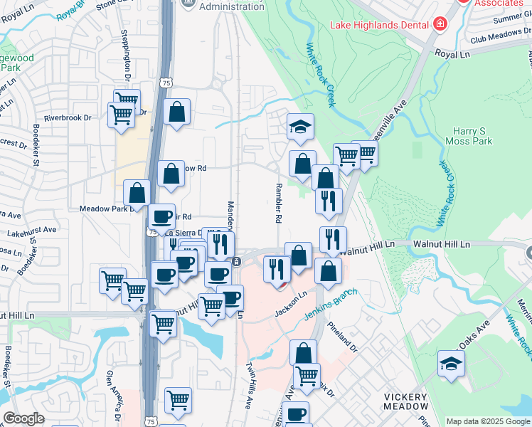 map of restaurants, bars, coffee shops, grocery stores, and more near 7557 Rambler Road in Dallas