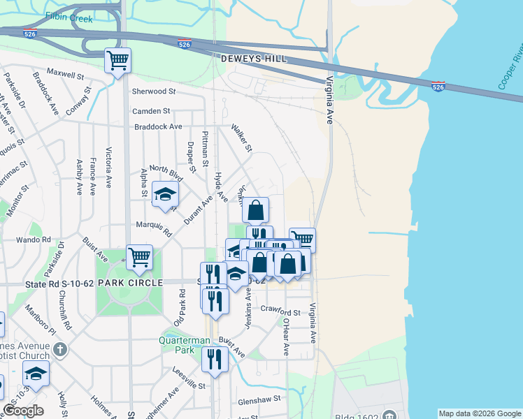 map of restaurants, bars, coffee shops, grocery stores, and more near 4951 Chateau Avenue in North Charleston