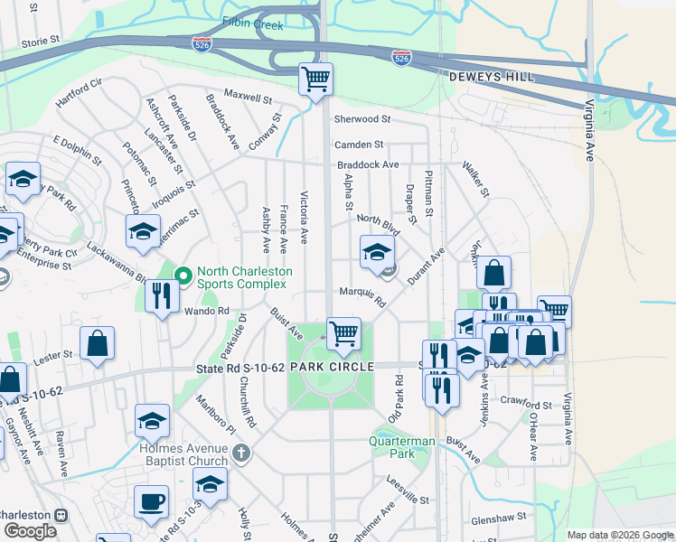 map of restaurants, bars, coffee shops, grocery stores, and more near 1178 Marquis Road in North Charleston
