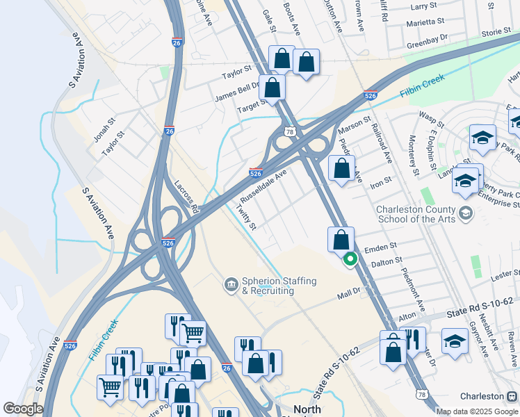 map of restaurants, bars, coffee shops, grocery stores, and more near 5070 Rockingham Street in North Charleston