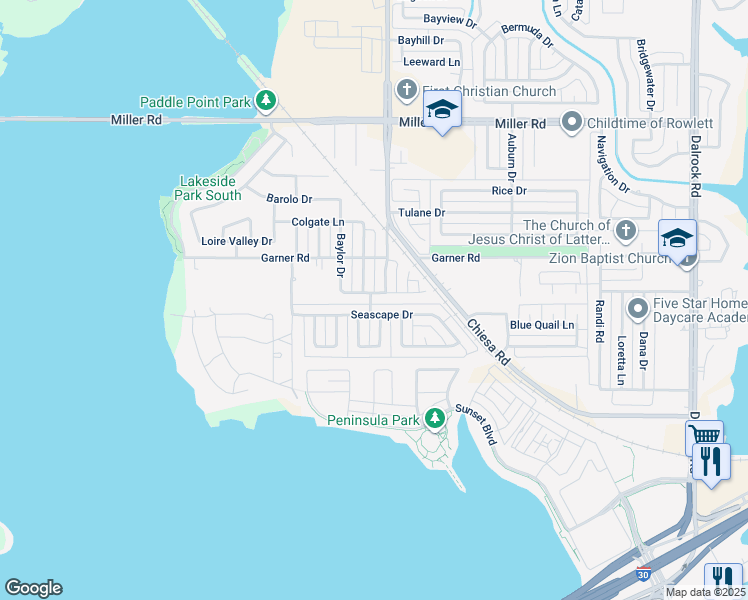 map of restaurants, bars, coffee shops, grocery stores, and more near 2322 Crestview Lane in Rowlett