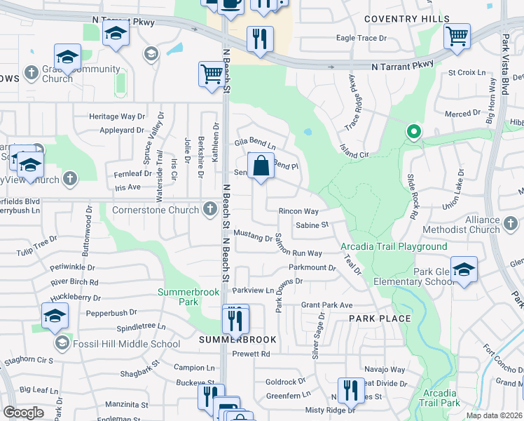 map of restaurants, bars, coffee shops, grocery stores, and more near 4601 Paloverde Drive in Fort Worth