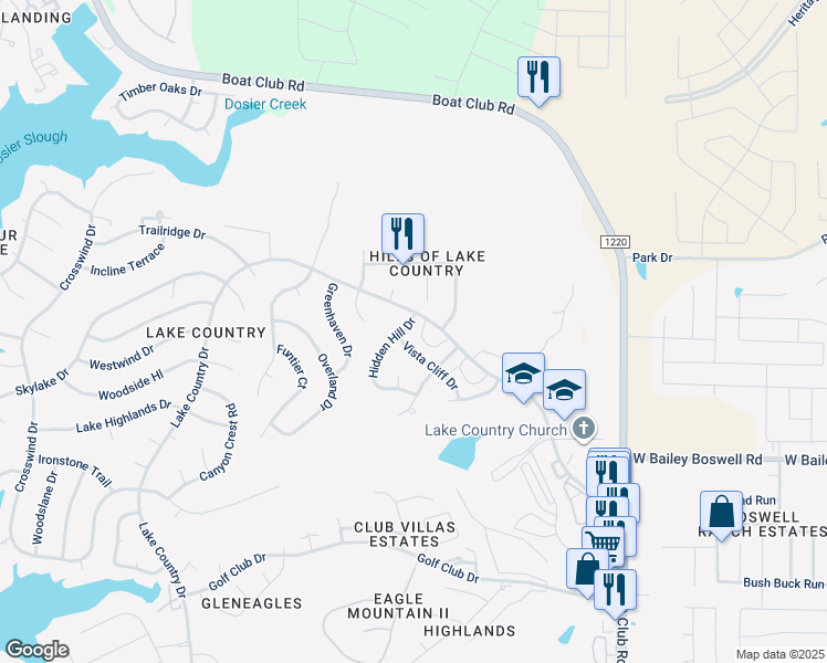 map of restaurants, bars, coffee shops, grocery stores, and more near 8838 Hidden Hill Drive in Fort Worth
