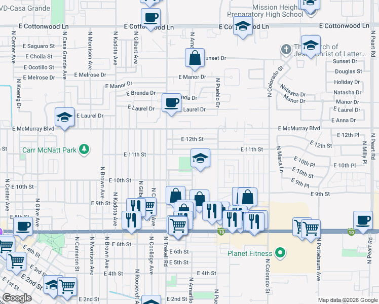 map of restaurants, bars, coffee shops, grocery stores, and more near 1140 East Trinity Place in Casa Grande
