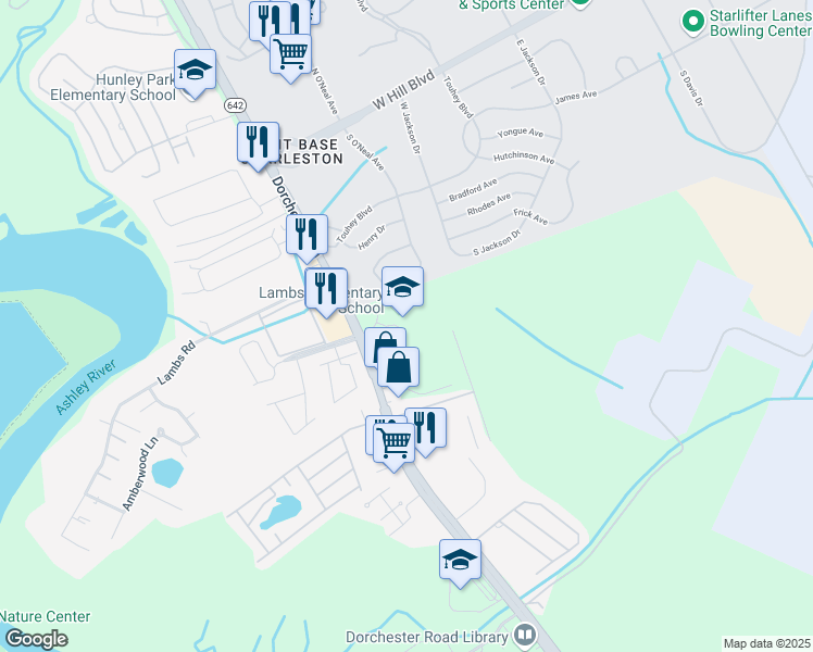 map of restaurants, bars, coffee shops, grocery stores, and more near 6800 Dorchester Road in North Charleston