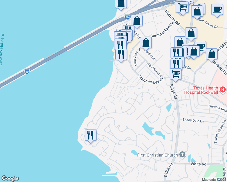 map of restaurants, bars, coffee shops, grocery stores, and more near 1101 Signal Ridge Place in Rockwall