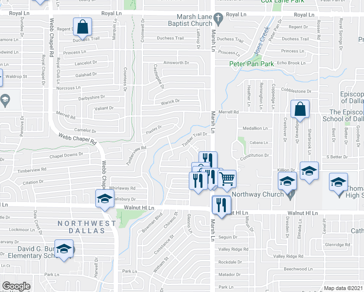 map of restaurants, bars, coffee shops, grocery stores, and more near 10221 Timber Trail Drive in Dallas
