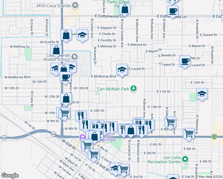 map of restaurants, bars, coffee shops, grocery stores, and more near 329 East Markley Drive in Casa Grande