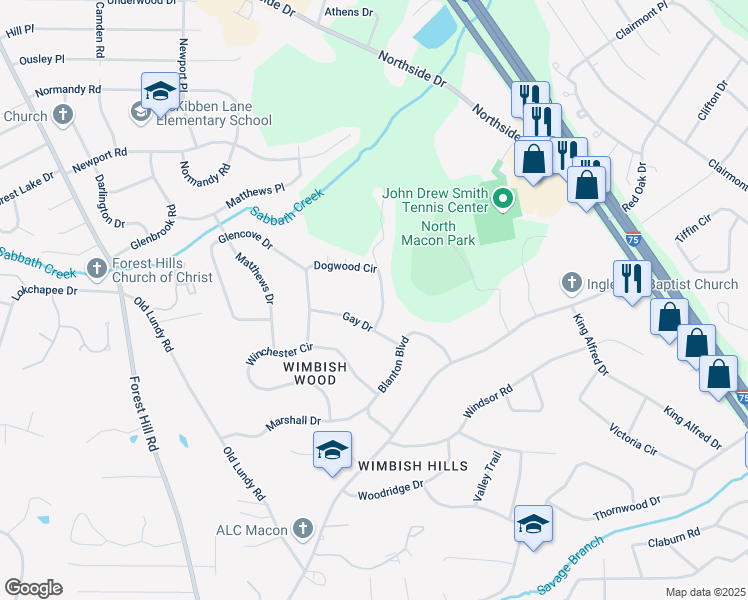 map of restaurants, bars, coffee shops, grocery stores, and more near 911 Dogwood Circle in Macon