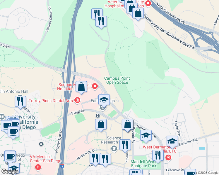 map of restaurants, bars, coffee shops, grocery stores, and more near 10010 Campus Point Dr in San Diego