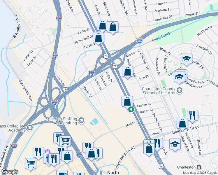 map of restaurants, bars, coffee shops, grocery stores, and more near 2110 Rebecca Street in North Charleston