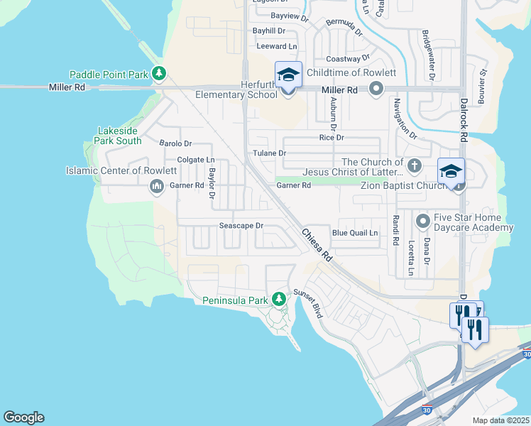 map of restaurants, bars, coffee shops, grocery stores, and more near 2514 Chiesa Road in Rowlett