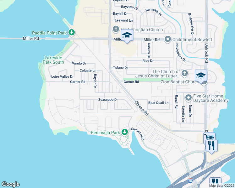 map of restaurants, bars, coffee shops, grocery stores, and more near 2601 Duke Circle in Rowlett