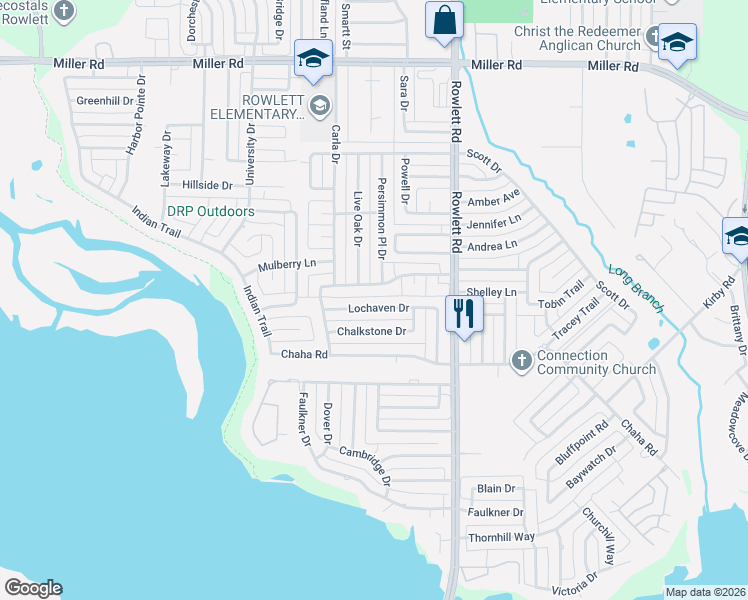 map of restaurants, bars, coffee shops, grocery stores, and more near 2801 Persimmon Place Drive in Rowlett